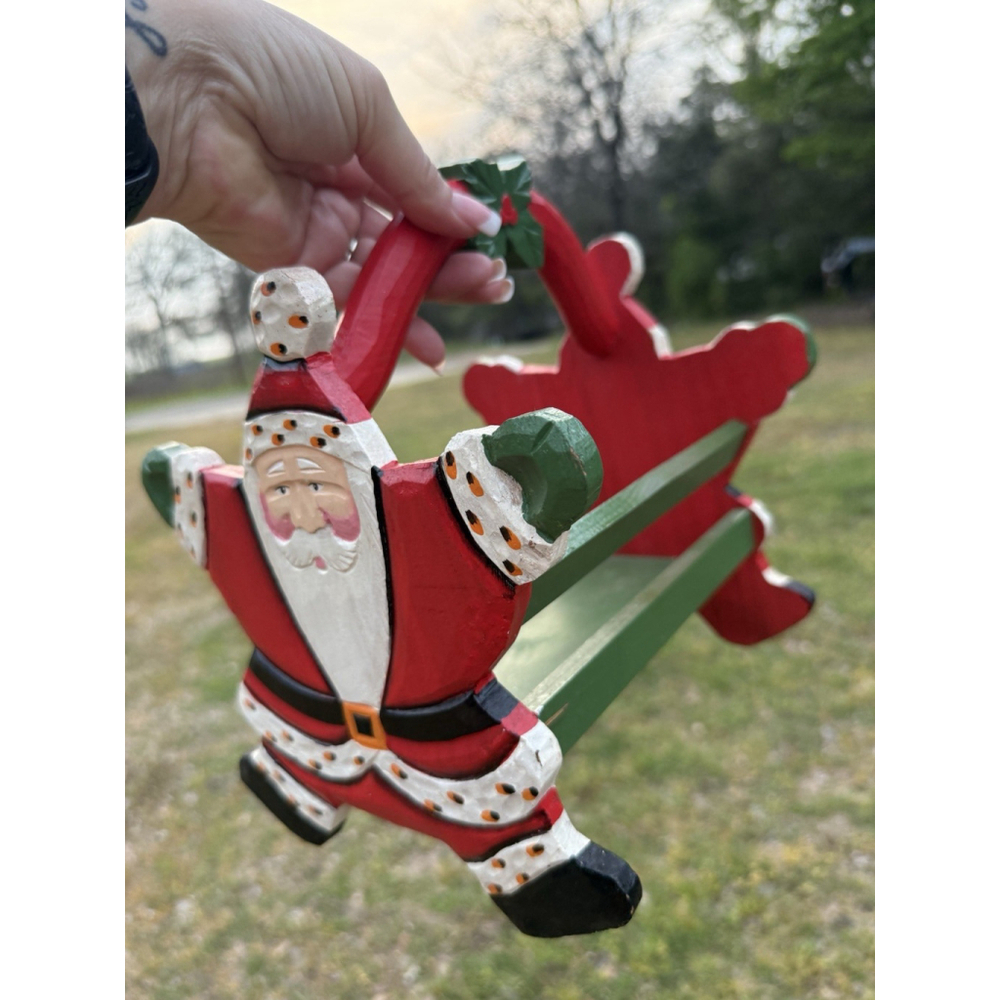 Christmas Card Holder Hand-Painted Carved Santa Claus Wooden Basket Holiday EUC